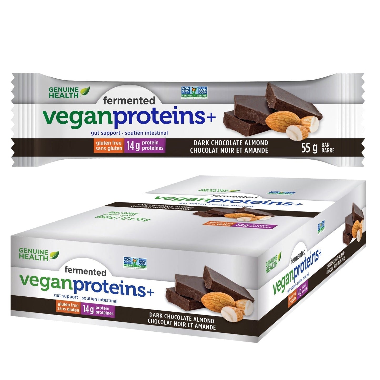 GENUINE HEALTH Fermented Vegan Proteins+ Bars (Dark Chocolate Almond - 12 x 55 gr)