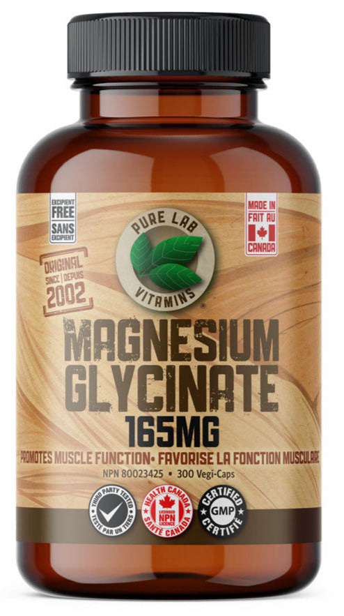 Brown supplement bottle labeled 'Magnesium Glycinate 165MG' with a black cap on a white background.