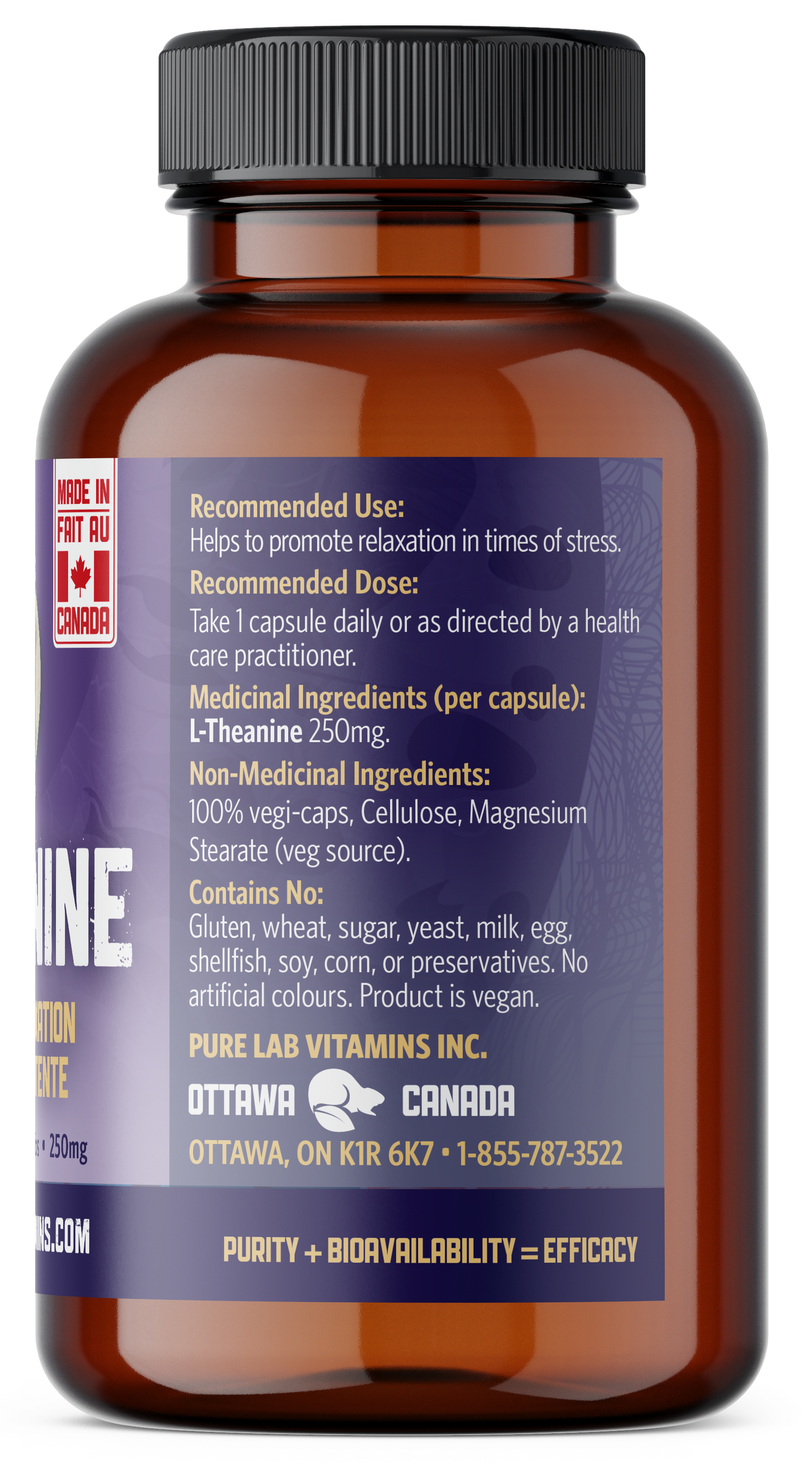 Brown supplement bottle with a blue label on a white background