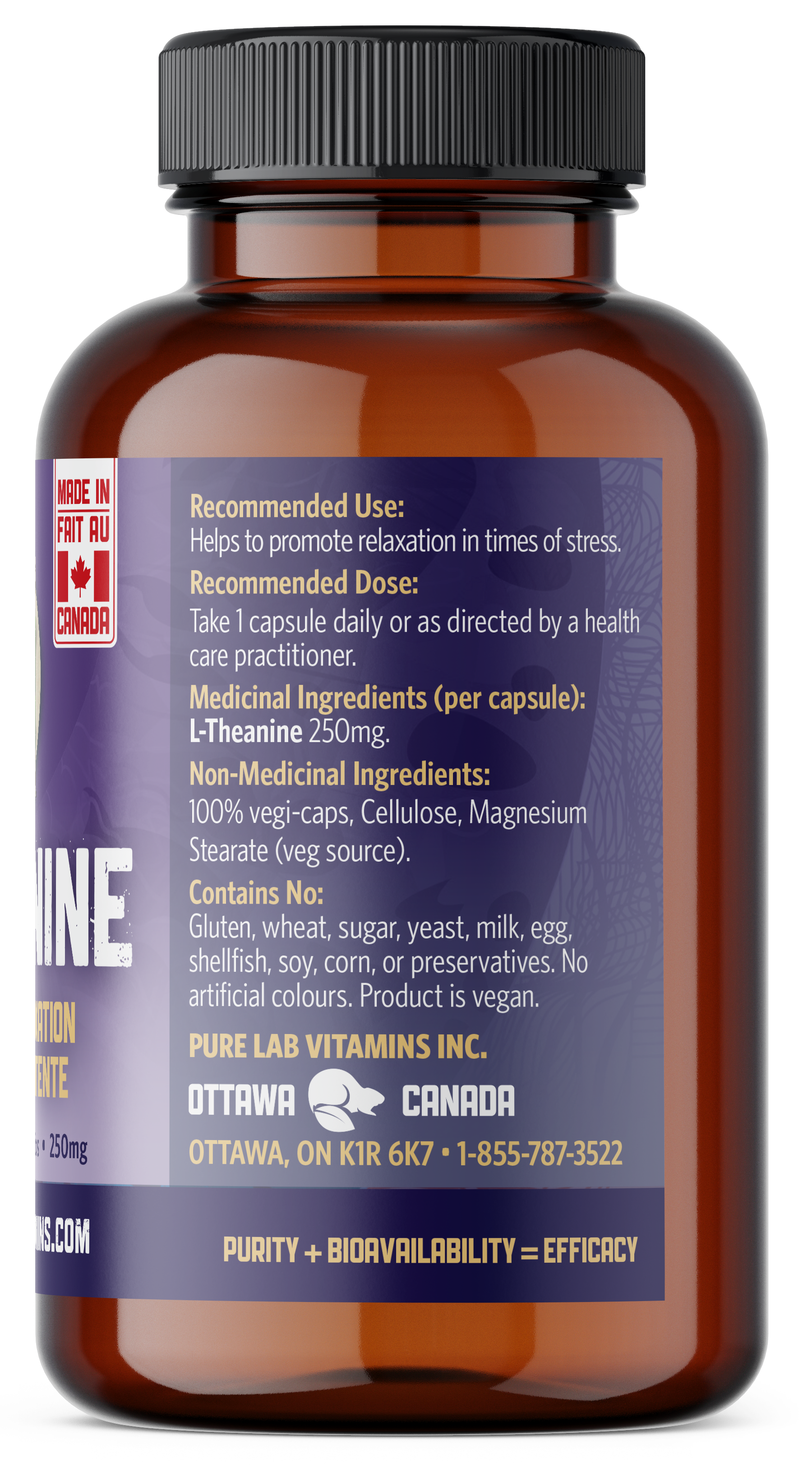 Brown supplement bottle with a blue label on a white background