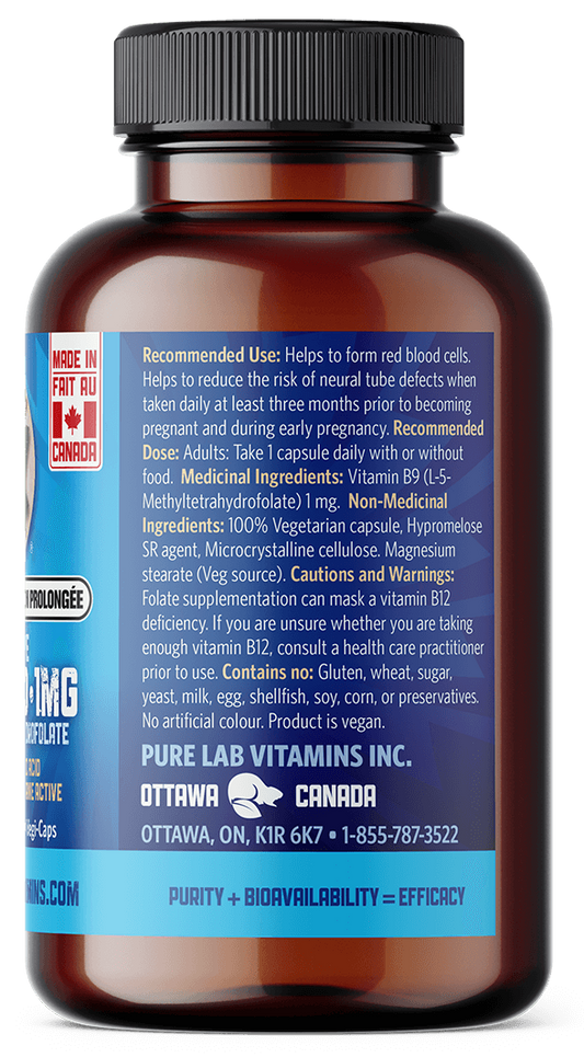 Brown supplement bottle with blue label on a black background